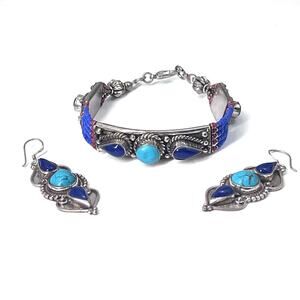 Vintage Lapis Turquoise Tibetan Nepali Tribal Boho Silver Bracelet & Earrings